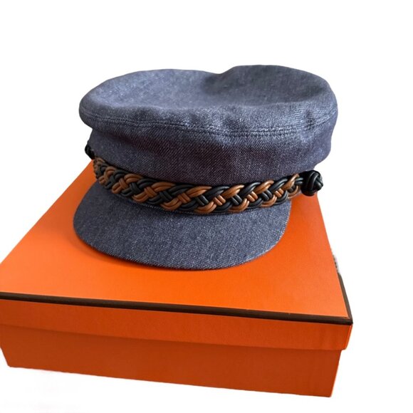 Hermes Newsboy Denim Cap Giulietta NWT Leather Braid Casquette Indigo 58 - Picture 1 of 9